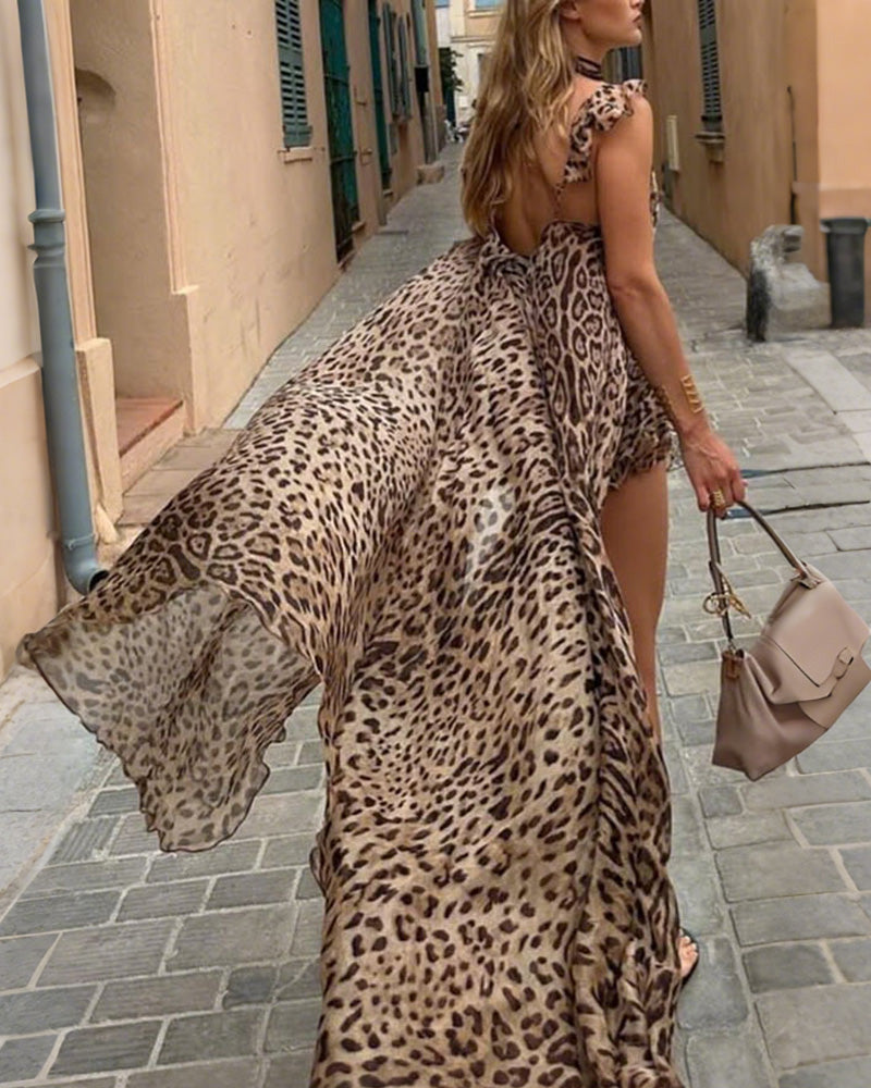 Chiffon Leopard-Print Suspender Dress