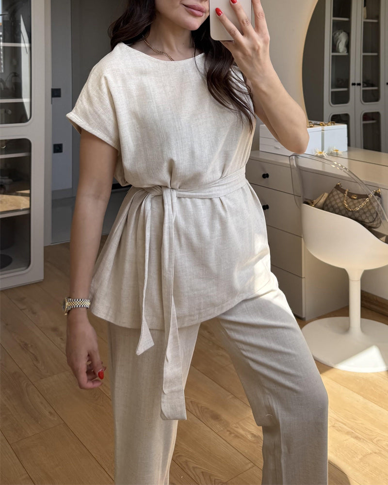 Solid Color Design One-Sleeve Top & Pants Two-Piece Set