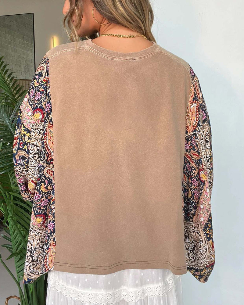 Printed Crewneck Loose-Sleeve Top