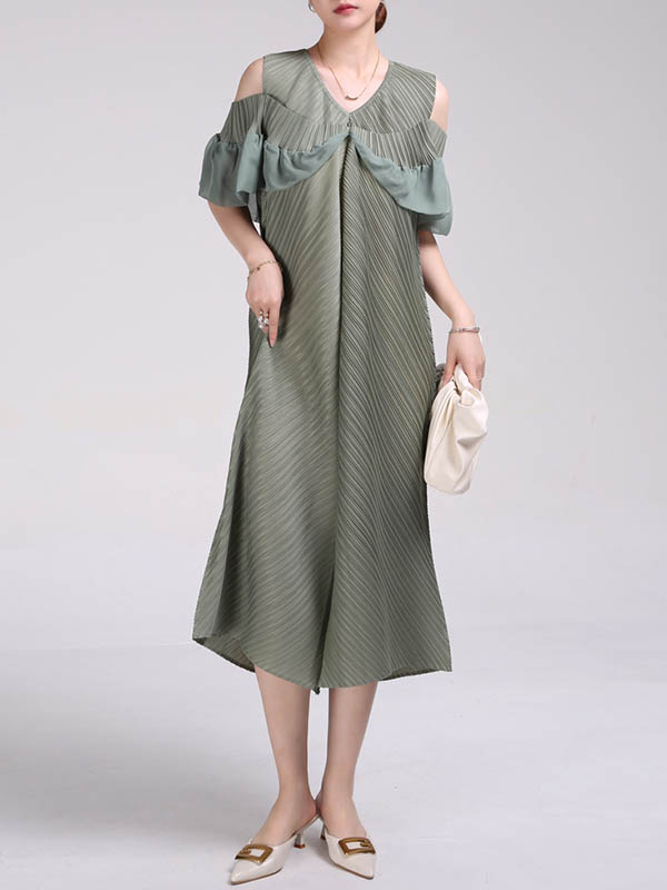 A-Line Loose Pleated Solid Color Split-Joint Cold Shoulder Midi Dresses