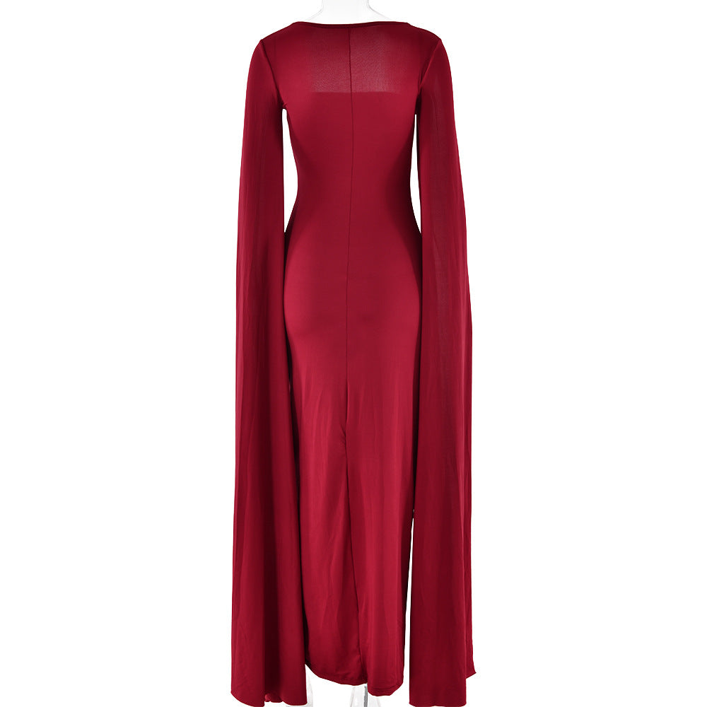 Women's dress square collar mop long sleeve high slit solid color sexy dresses