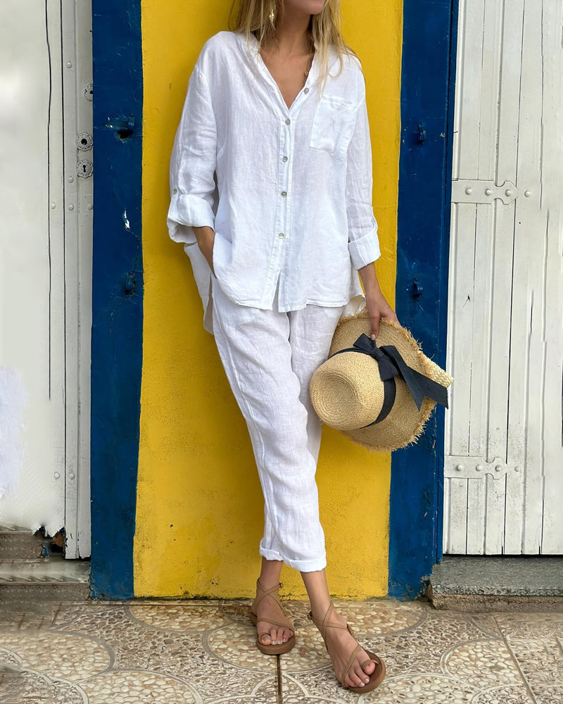 Casual Solid Color Shirt & Pants Two-piece Set