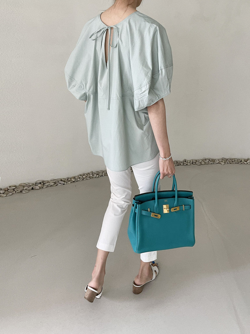 Elegant Round Neck Solid Color Loose Lantern Sleeve Shirt