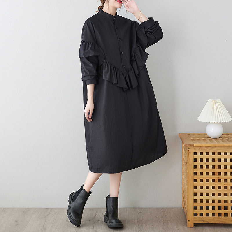Literary Splicing Stand Collar Midi Dress
