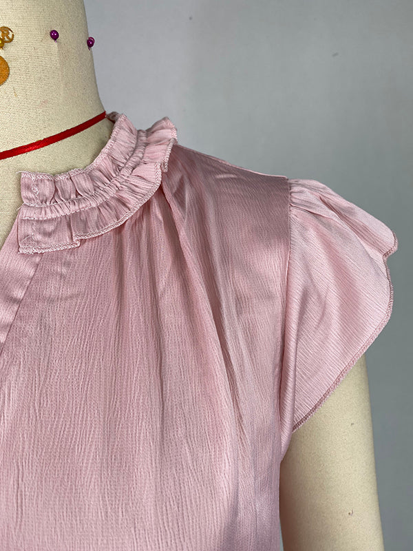 Loose Ruffle Sleeves Pleated Solid Color V-Neck T-Shirts Tops