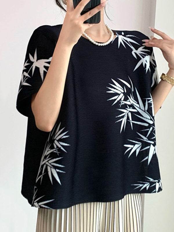A-Line Half Sleeves Pleated Printed Round-Neck T-Shirts Tops