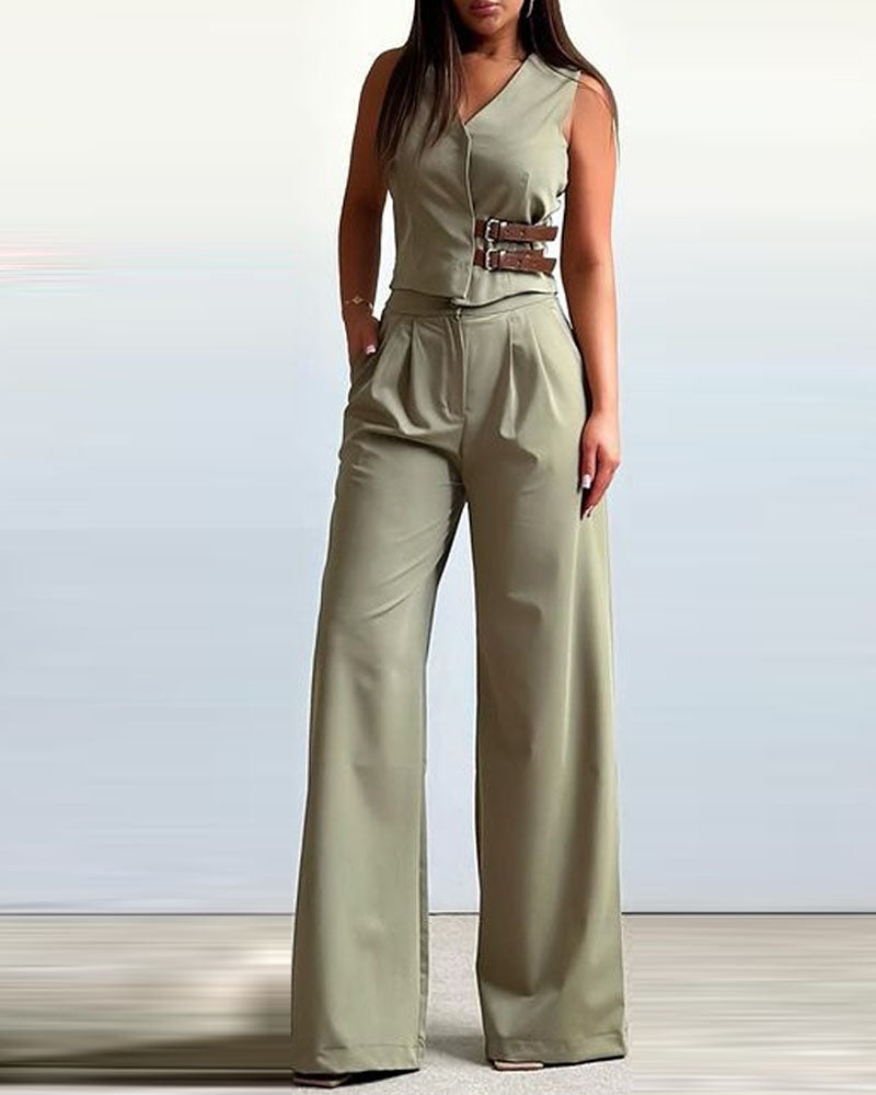 Fashion V-Neck Vest & Pants Two-Piece Set