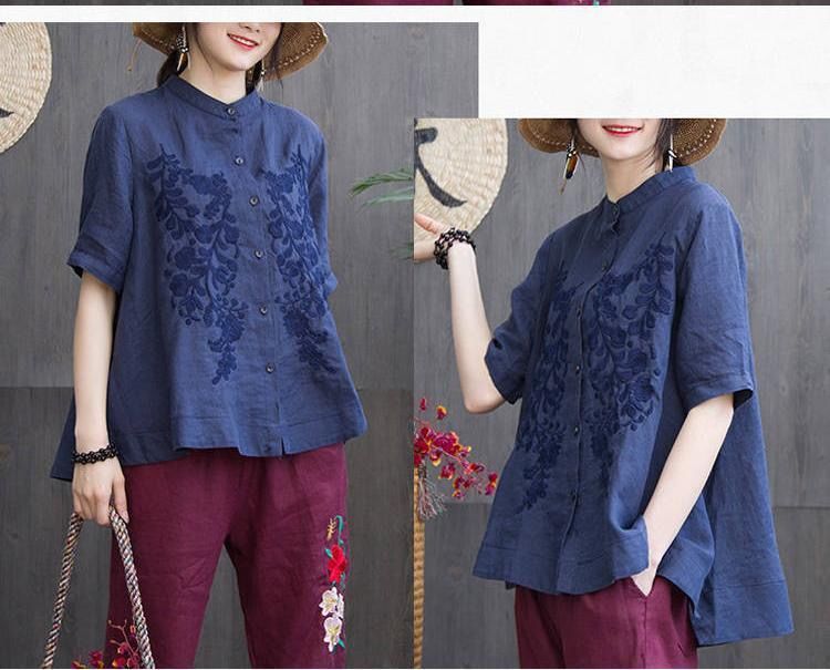 Loose Cotton Embroidered Short Sleeve Stand Collar Shirt