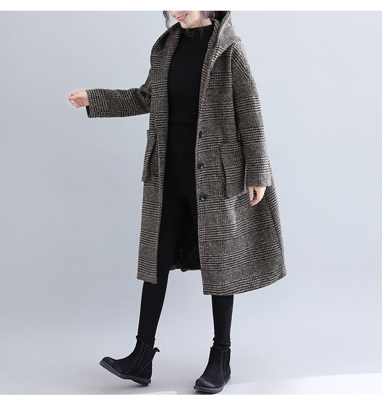 Classic Houndstooth Hooded Long Sleeve Coat