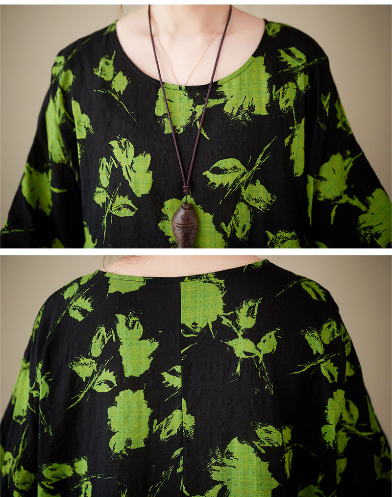 Bohemian Print Short Sleeve Round Neck Midi Dress