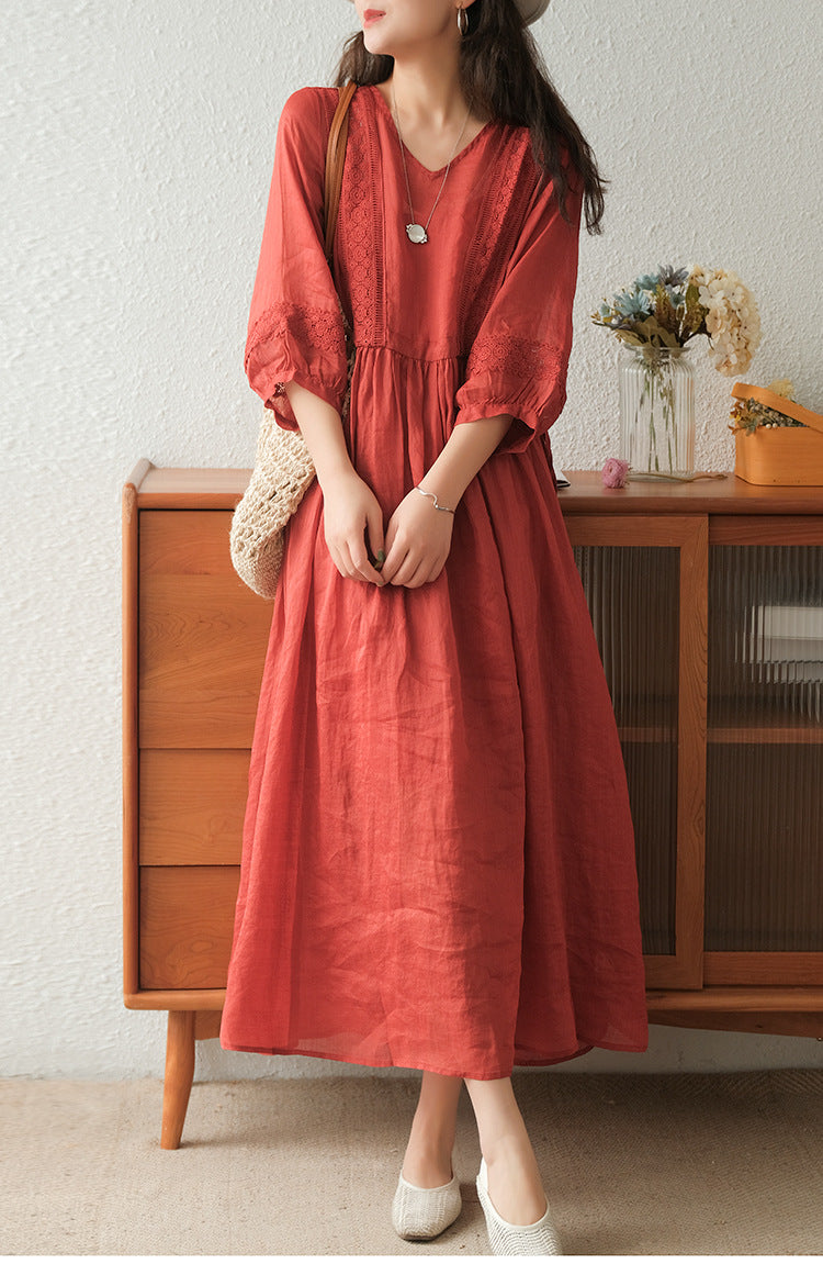Literary Simple Seven-quarter Sleeve Lace-up Maxi Dress