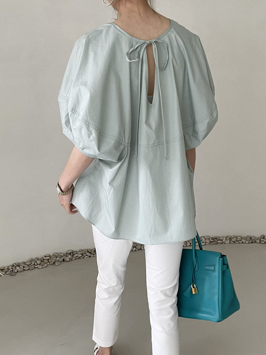 Elegant Round Neck Solid Color Loose Lantern Sleeve Shirt