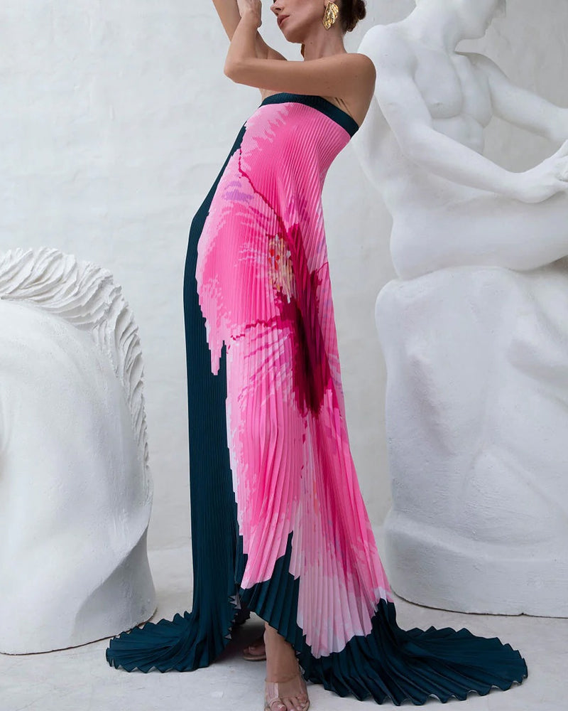 Elegant Strapless Pleated Flower Dress
