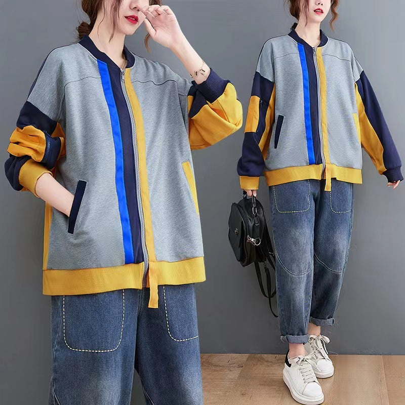 Casual Color Blocking Round Neck Long Sleeve Baseball Jacket