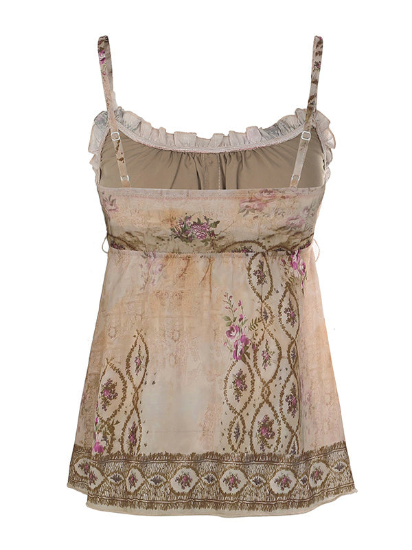 Loose Sleeveless Buttoned Contrast Color Flower Print Tied Spaghetti-Neck Vest Top