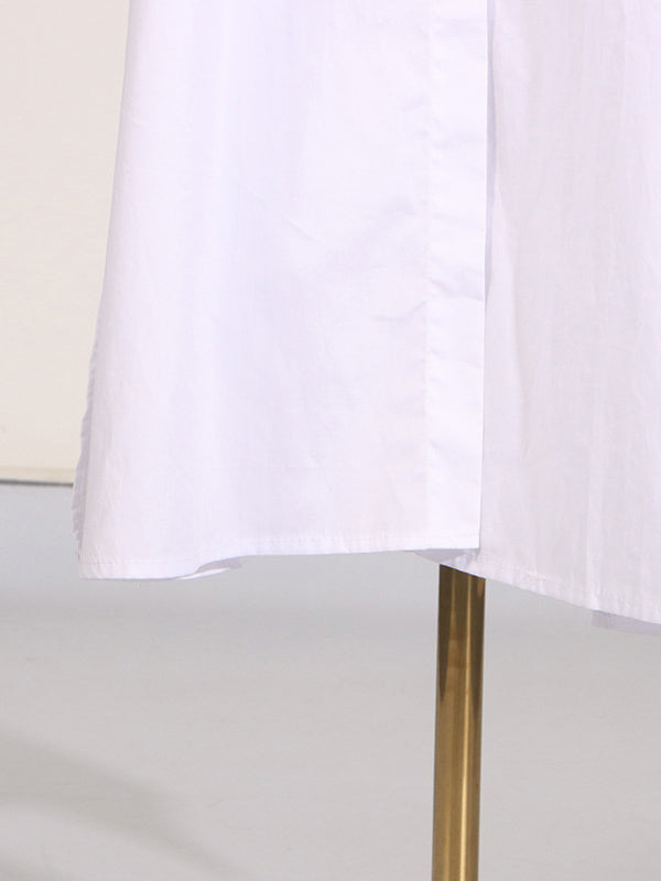 Long Sleeves Loose See-Through Solid Color Split-Joint Split-Side Lapel Maxi Dresses Shirt Dress