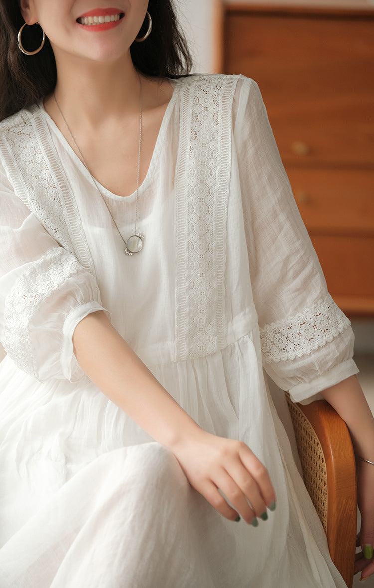 Literary Simple Seven-quarter Sleeve Lace-up Maxi Dress