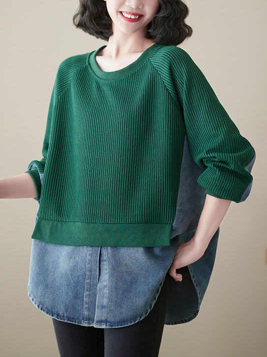 Loose Splicing Round Neck Long Sleeve Fake Two Pieces Sweater