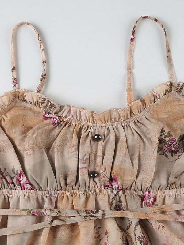 Loose Sleeveless Buttoned Contrast Color Flower Print Tied Spaghetti-Neck Vest Top