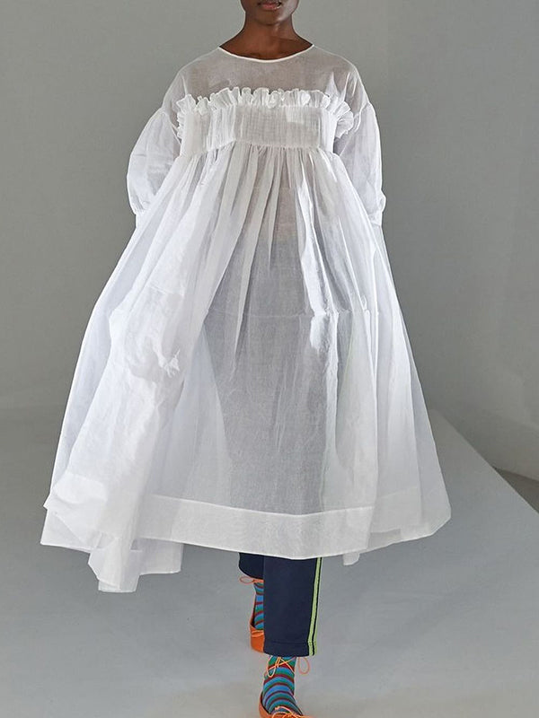 A-Line Long Sleeves Mesh Pleated See-Through Solid Color Split-Joint Round-Neck Midi Dresses