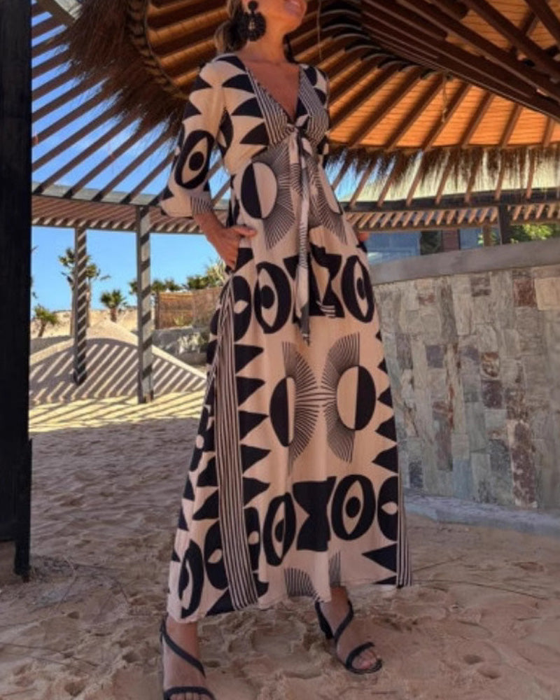 V-Neck Lace-Up Printed Mid-Sleeve Dress