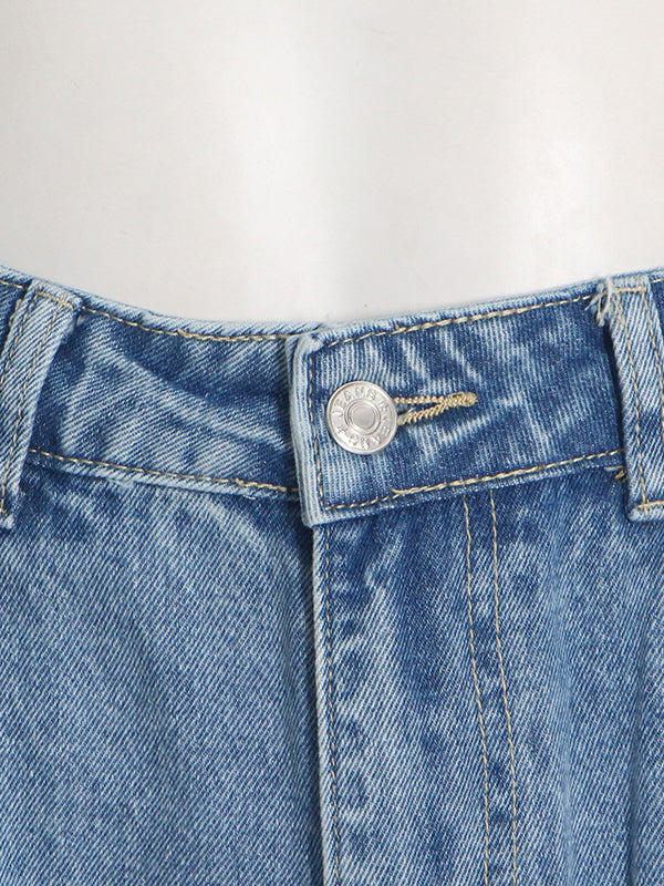 Loose Pleated Pockets Split-Joint Streamer Jean Pants Bottoms