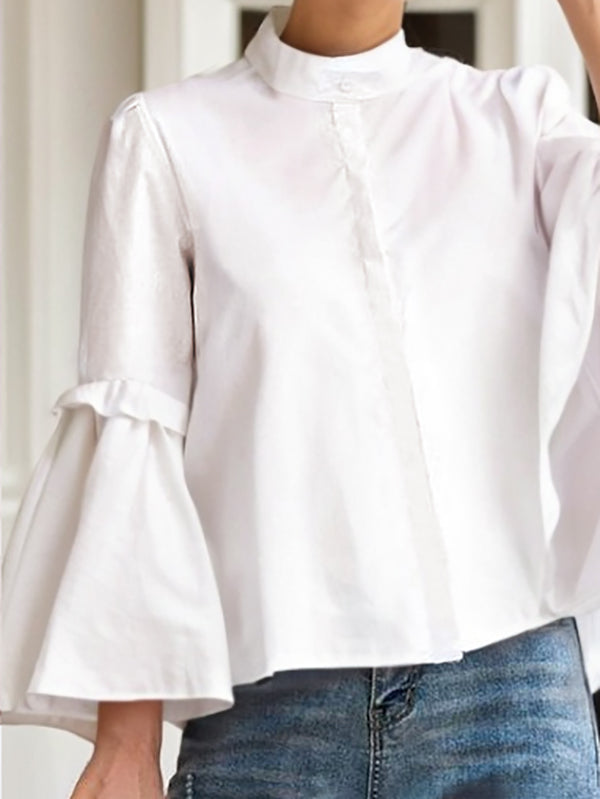 Flared Sleeves Long Sleeves Buttoned Pleated Solid Color Split-Joint Stand Collar Blouses&Shirts Tops