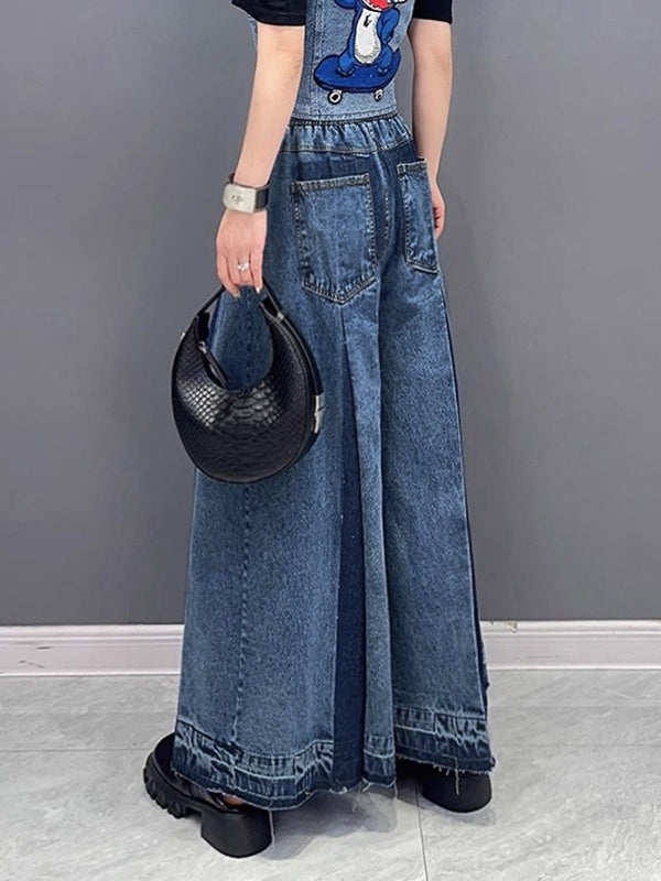 Loose Wide Leg Contrast Color Drawstring Fringed Pockets Jean Pants Bottoms