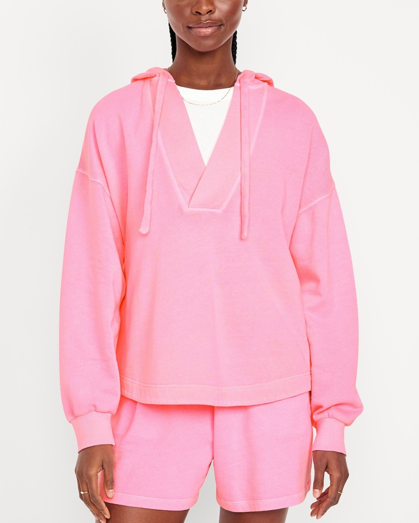 Oversized Drawstring V-Neck Hoodie Shorts Two-Piece Set With Pockets (Buy 2 Free Shipping)