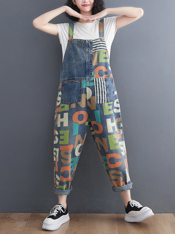 High Waisted Loose Asymmetric Buttoned Letter Print Pockets Split-Joint Striped Overalls