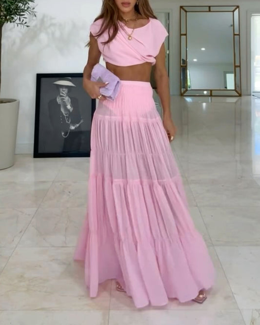 Two-Piece Holiday Crewneck Top & Skirt Set