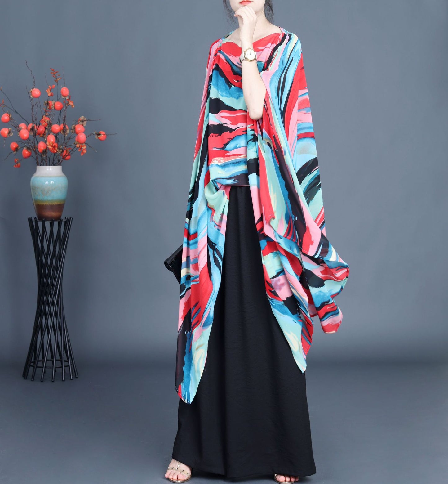 Loose Irregular Flowy Colorful Bat Sleeve Shawl Top