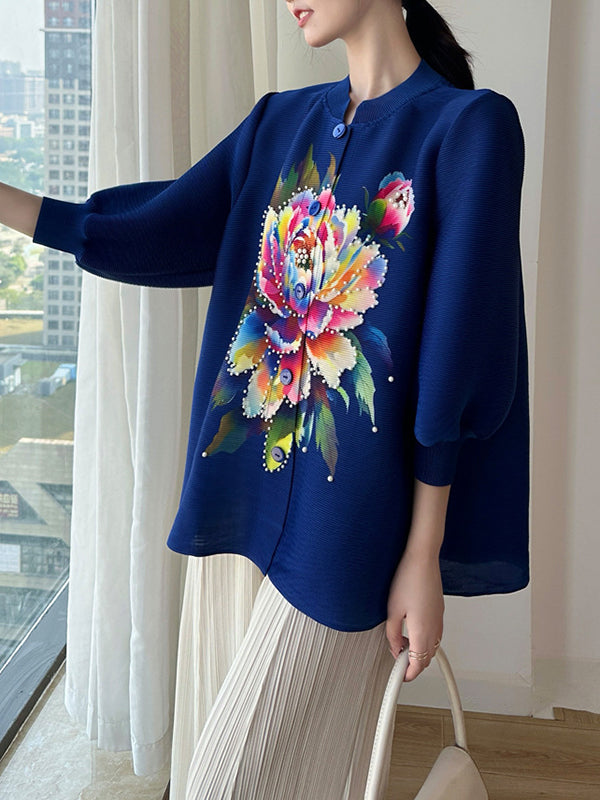 Loose Puff Sleeves Buttoned Flower Print Pleated Round-Neck T-Shirts Tops