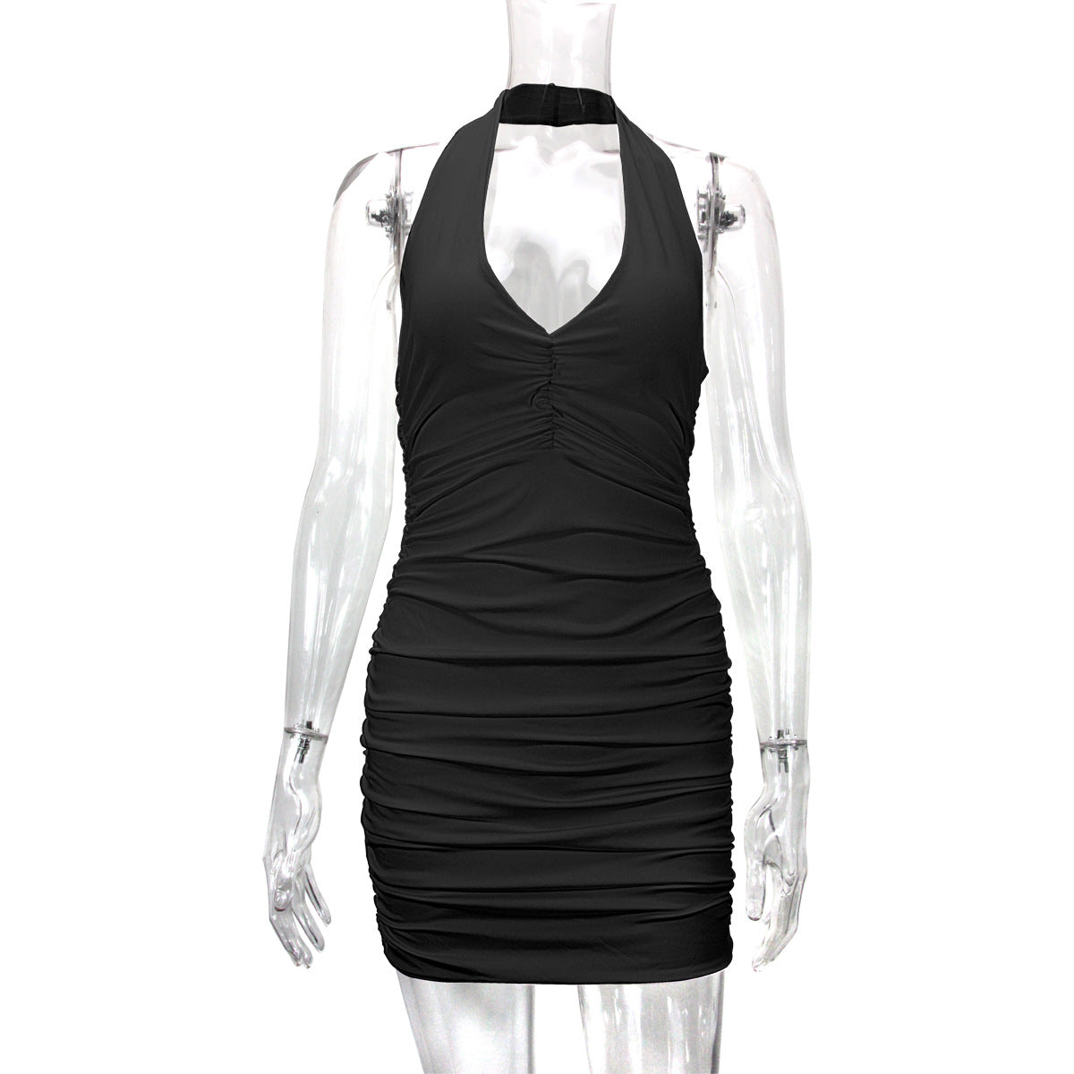 V-neck halter backless off-shoulder sexy minimalist pleated dress