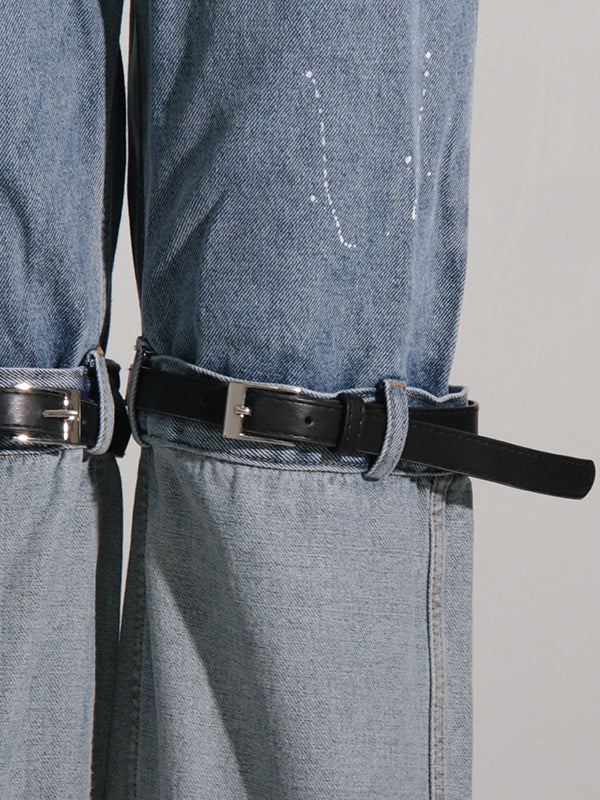 High Waisted Loose Belt Buckle Split-Joint Jean Pants Bottoms