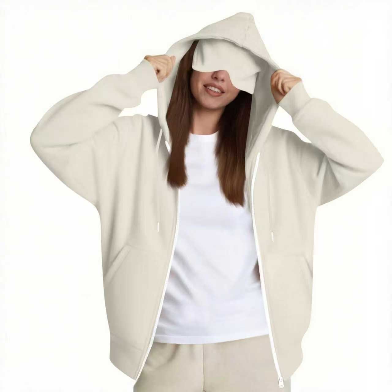 2025 European and American solid color women's autumn and winter hooded cardigan with eye patch zipper sweater