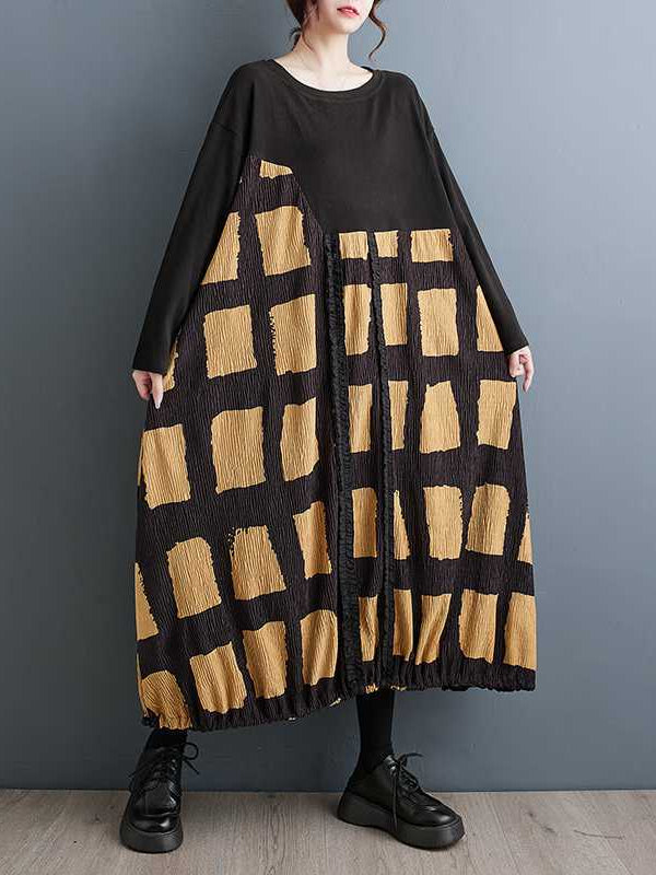 Vintage Plaid Long Sleeve Midi Dress