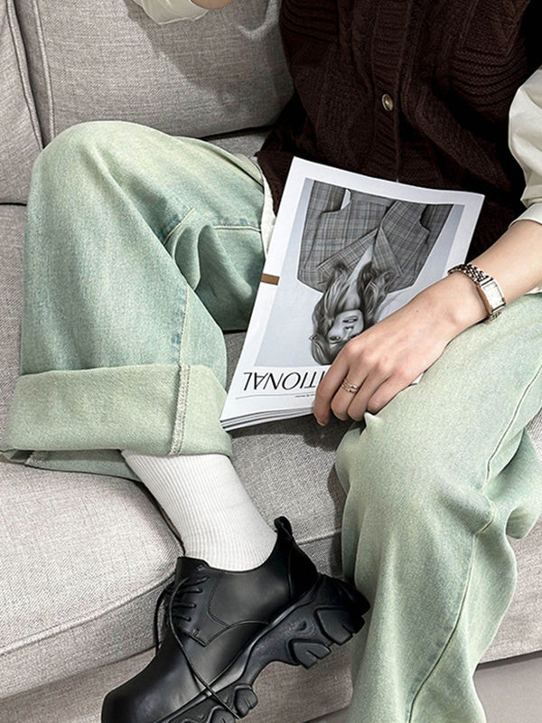 High Waisted Loose No Belt Pockets Jean Pants Bottoms