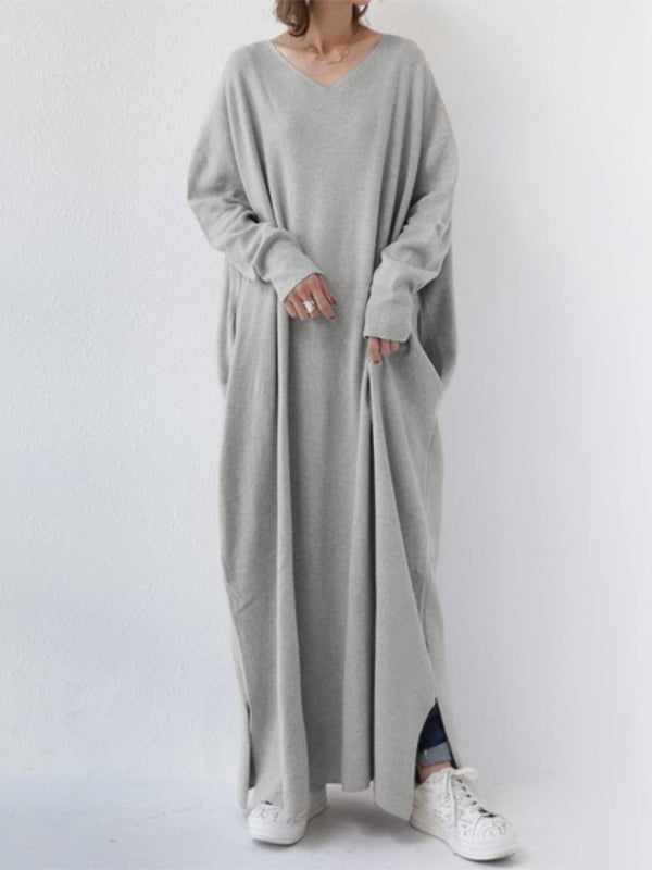 Casual Solid Color V-Neck Knitted Maxi Dress