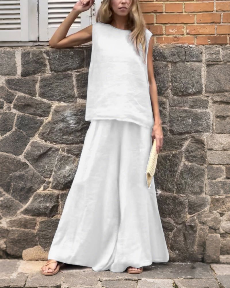 Two-piece Loose Solid Color Sleeveless Pants Set