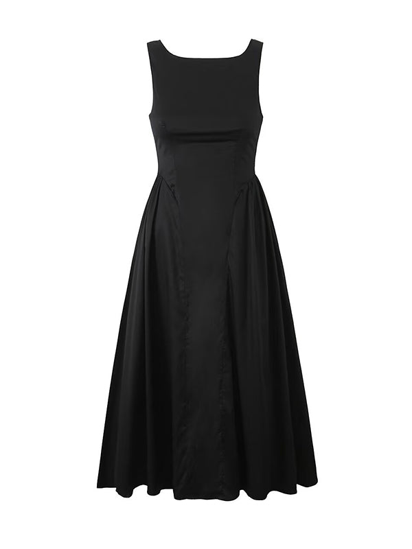 A-Line Loose No Belt Pleated Solid Color Zipper Round-Neck Midi Dresses