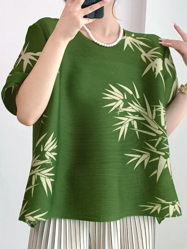 A-Line Half Sleeves Pleated Printed Round-Neck T-Shirts Tops