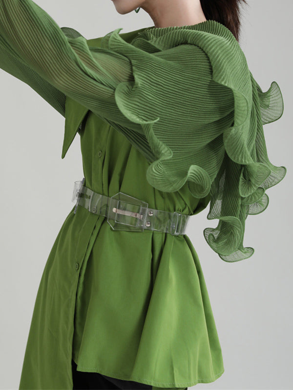 Long Sleeves Loose Asymmetric Pleated Solid Color Split-Joint Falbala Lapel Blouses&Shirts Tops