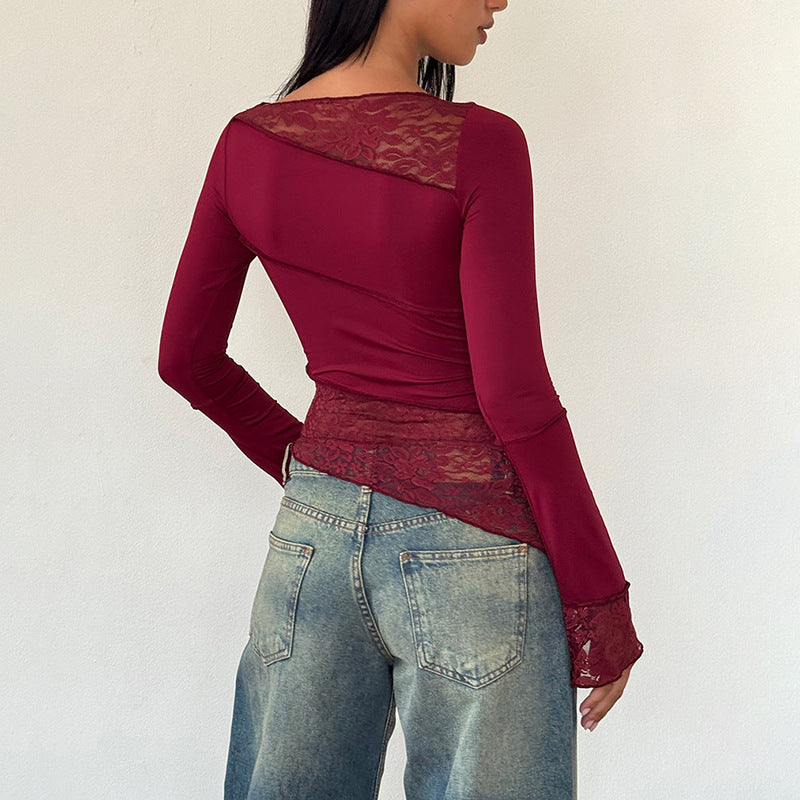 Spring and Autumn New patchwork top Sexy Slim-fit crocheted long sleeve round neck T-shirt