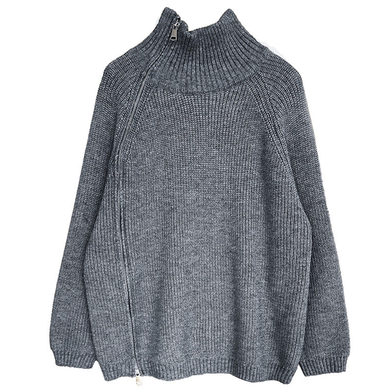 Casual Solid Color Zipper Turtleneck Knit Sweater