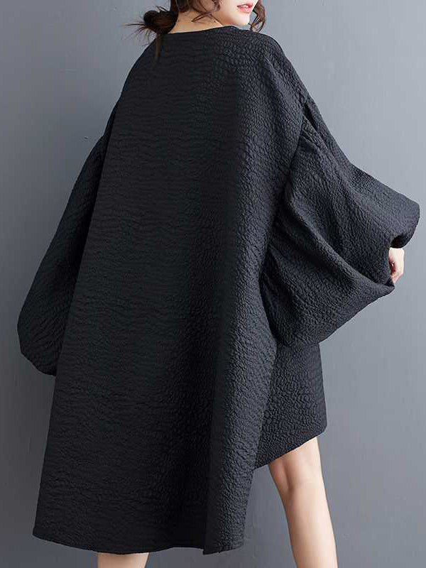 High-Low Long Sleeves Elasticity Solid Color Split-Joint Round-Neck Midi Dresses