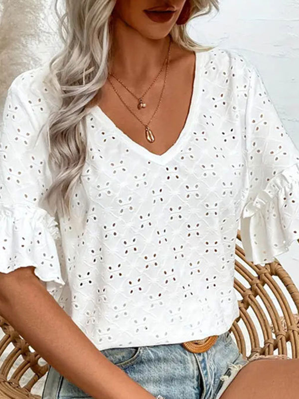 Half Sleeves Loose Hollow Pleated Ruffled Solid Color V-Neck T-Shirts