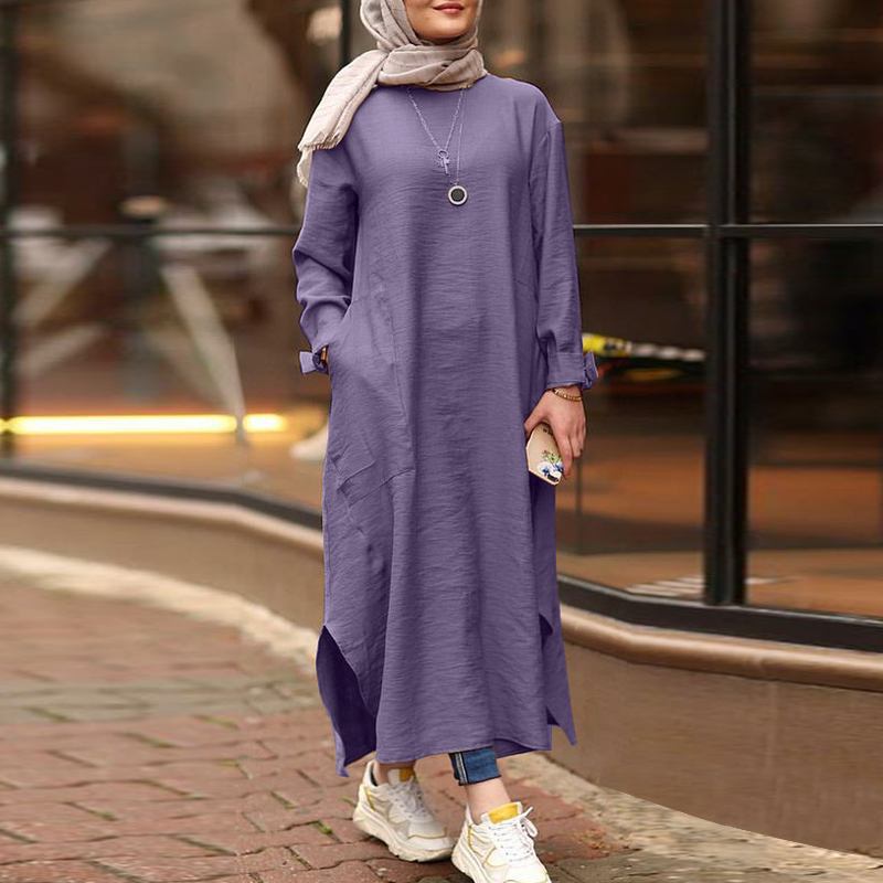 Simple Solid Color Long Sleeve Round Neck Midi Dress