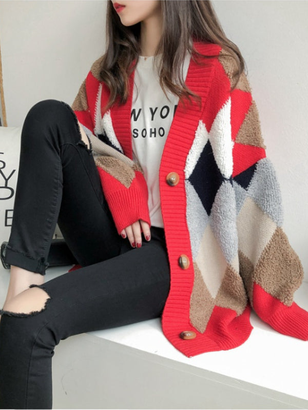 Literary Rhombus Plaid Sweater Outerwear