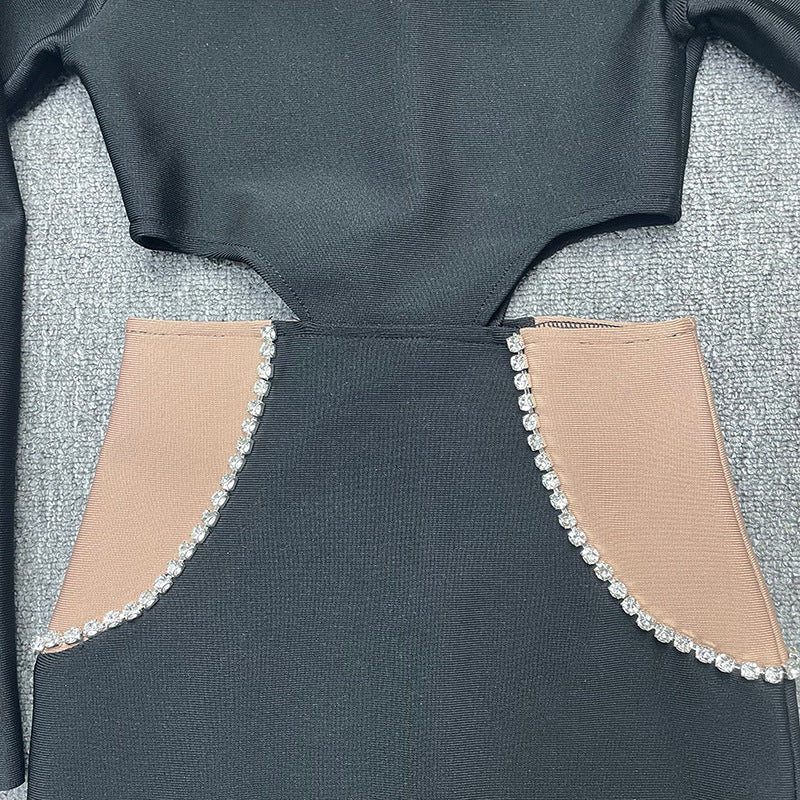 Bandage women's round neck long sleeve sexy cutout diamond color matching tight bandage one-piece dress evening dress
